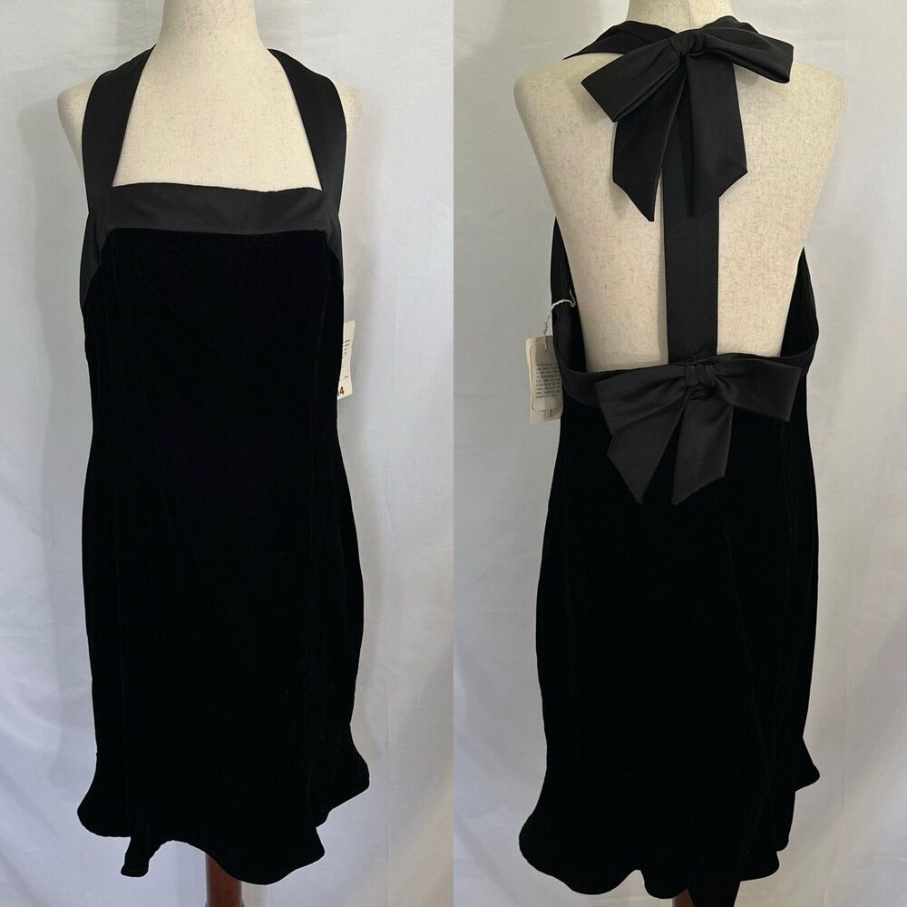 NEW Vintage NIPON Boutique Black Velvet Halter Dress Size 14 Open Back Bows